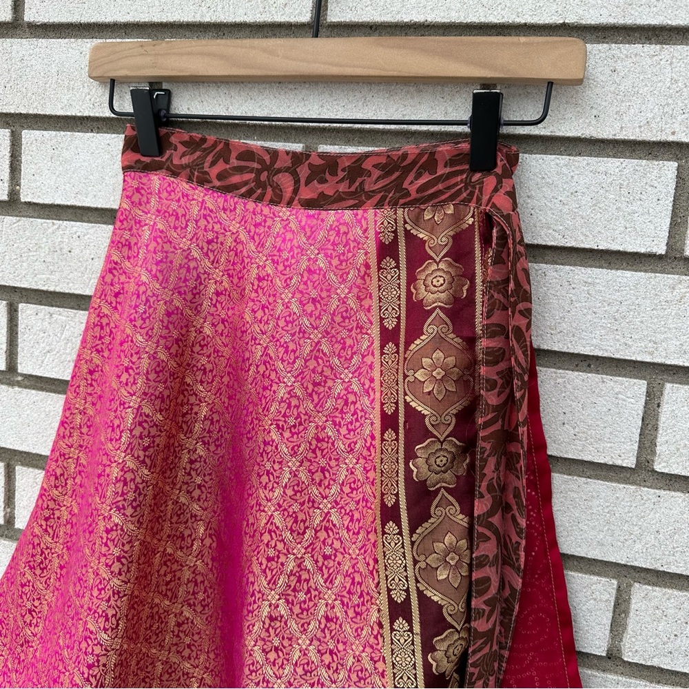 Darn Good Yarn Silk Wrap Mini Skirt Reversible Boho Patchwork Festival Pink 4-12 - Picture 2 of 8